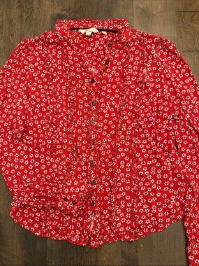 Boden Red Floral Ruffle-Trim Top - Jersey Material